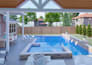 do 3d fire pit, 3d patio pool, pergola deck, pool, landscape, 3d backyard design